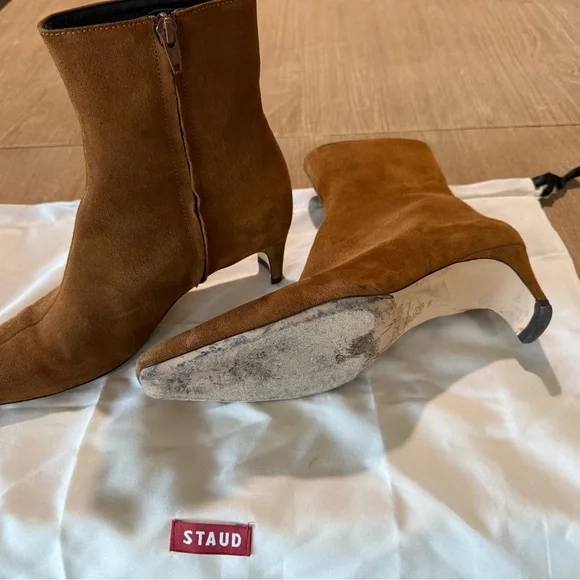 STAUD Wally Tan Tobacco Brown Suede Heeled Boots